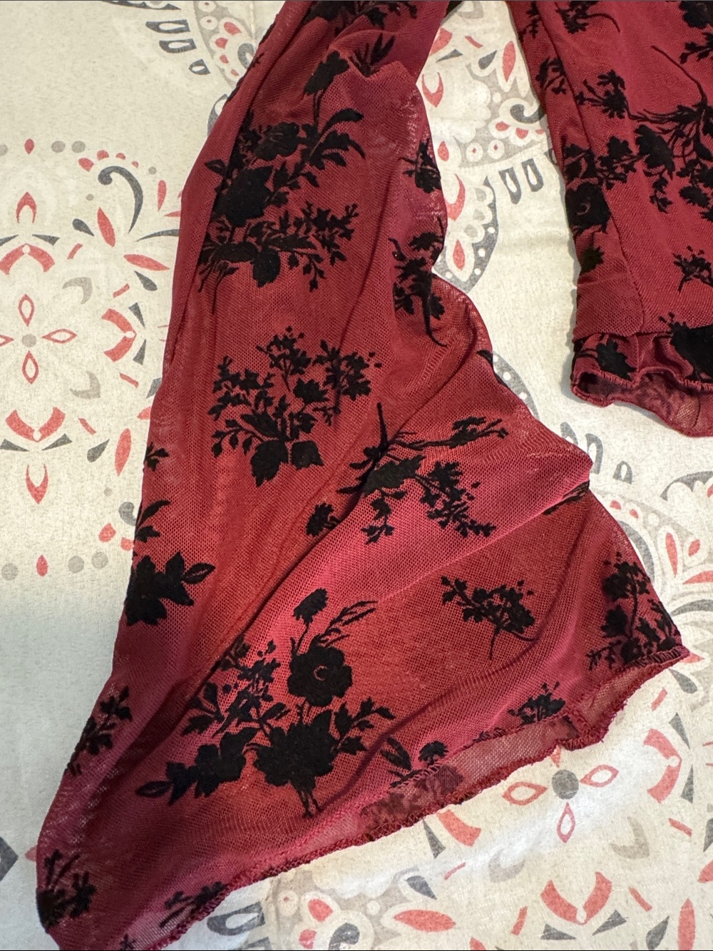 Red Velvet Floral Ruffle Cardigan - Picture 4 of 10